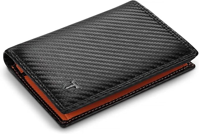 TEEHON® Wallets RFID Blocking Carbon Fibre Leather Mens Wallets with Zip Coin Pocket, 11 Card Holders, 2 ID Windows, 2 Banknote Compartments, Trifold Vertical , Black Orange - Men's Wallets - British D'sire