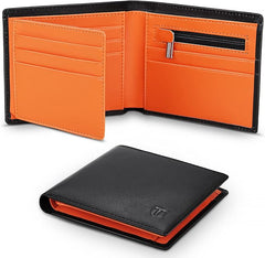 TEEHON® Wallets Slim Genuine Leather RFID Blocking Wallet with 11 Card Holder, 2 banknote compartments, Coin Pocket, Minimalist Wallets for Men UK with Gift Box - Black and Orange - Men's Wallets - British D'sire