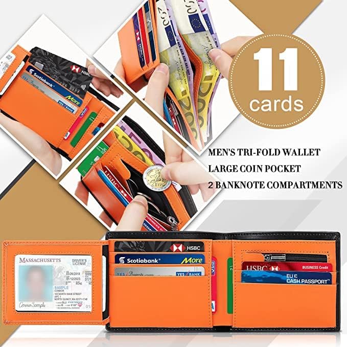 TEEHON® Wallets Slim Genuine Leather RFID Blocking Wallet with 11 Card Holder, 2 banknote compartments, Coin Pocket, Minimalist Wallets for Men UK with Gift Box - Black and Orange - Men's Wallets - British D'sire