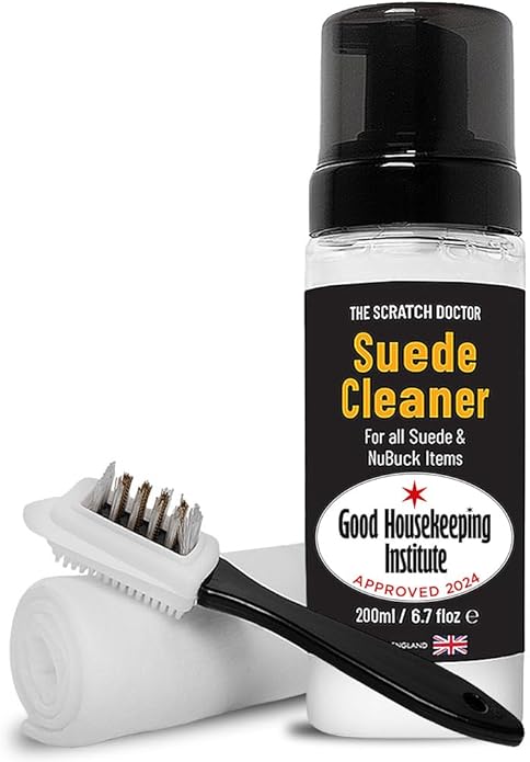 The Leather Clinic Suede & Nubuck Cleaner Foam 200ml for Shoes, Boots, Sandals, Trainers | Clean & Protect Dirt & Stains | Includes 3 Sided Suede Brush & Cleaning Cloth - Shoe Cleaners - British D'sire