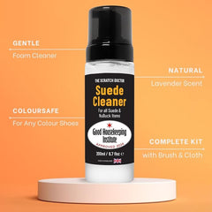 The Leather Clinic Suede & Nubuck Cleaner Foam 200ml for Shoes, Boots, Sandals, Trainers | Clean & Protect Dirt & Stains | Includes 3 Sided Suede Brush & Cleaning Cloth - Shoe Cleaners - British D'sire