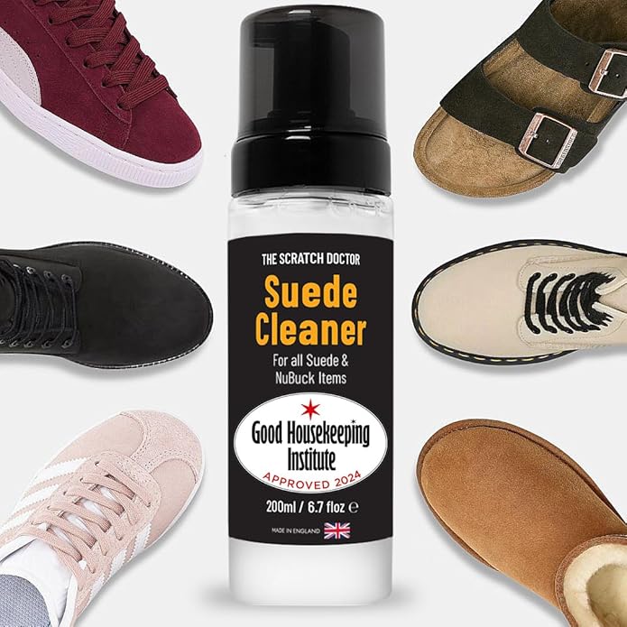 The Leather Clinic Suede & Nubuck Cleaner Foam 200ml for Shoes, Boots, Sandals, Trainers | Clean & Protect Dirt & Stains | Includes 3 Sided Suede Brush & Cleaning Cloth - Shoe Cleaners - British D'sire