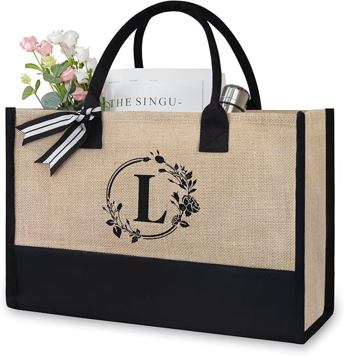 TOPDesign Initial Jute/Canvas Tote Bag, Personalized Present Bag, Suitable for Wedding, Birthday, Beach, Holiday, is a Great Gift for Women, Mom, Teachers, Friends, Bridesmaids - Reusable Shopper Bags - British D'sire