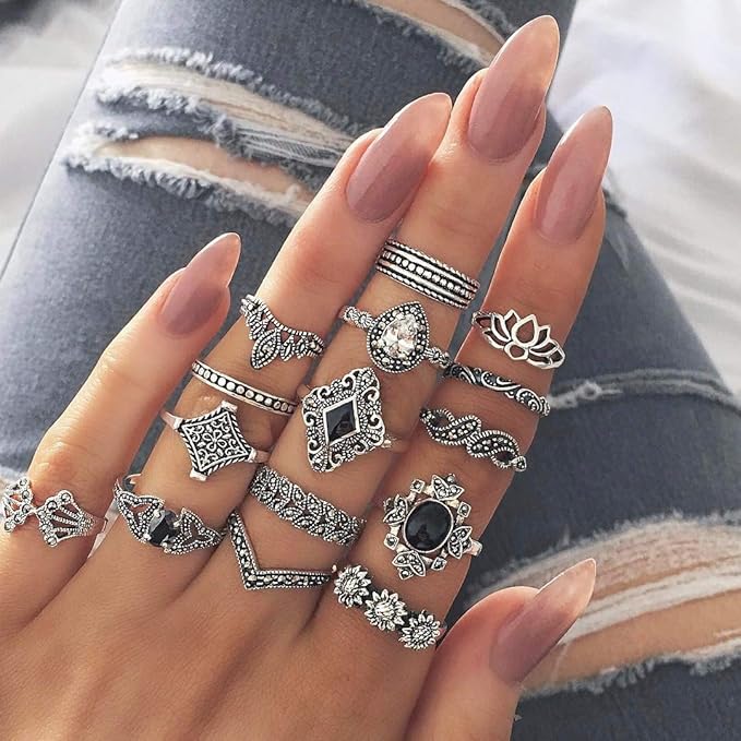 TOPWAYS® Boho Style Vintage Punk Necklace Rings Party Jewelry Sets, including Multi layer Long Necklace and Women Joint Knuckle Retro Ring Set Plated Silver 15PCS (15 pcs black set) - Jewellery Sets - British D'sire