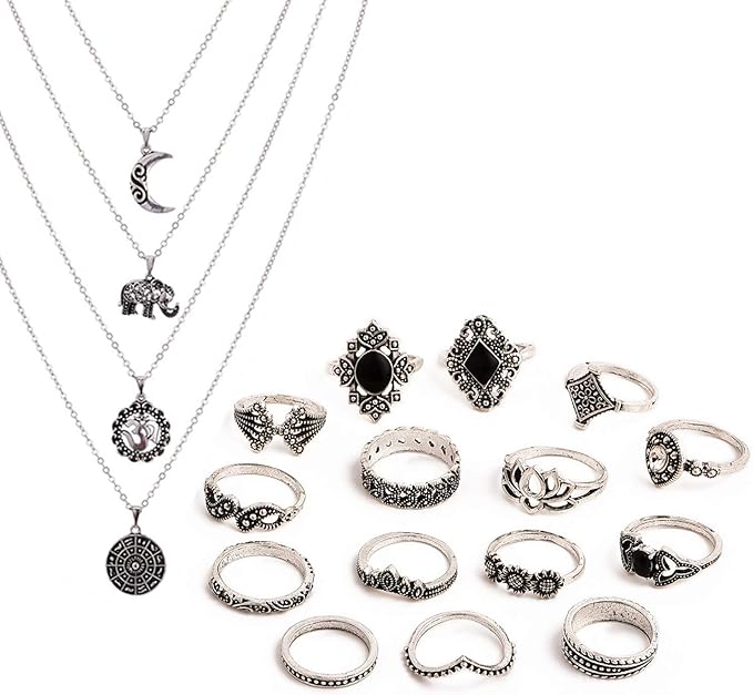 TOPWAYS® Boho Style Vintage Punk Necklace Rings Party Jewelry Sets, including Multi layer Long Necklace and Women Joint Knuckle Retro Ring Set Plated Silver 15PCS (15 pcs black set) - Jewellery Sets - British D'sire