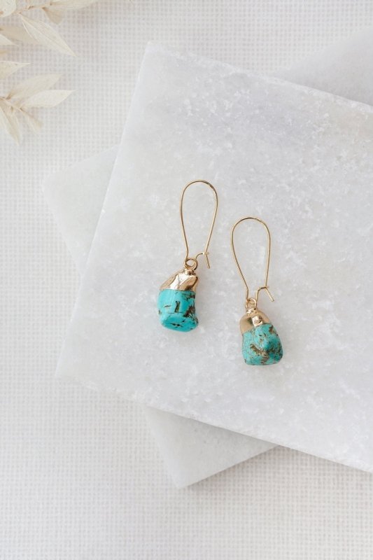 Turquoise Stone Dropper Kidney Wire Earrings in Gold - Earrings - British D'sire