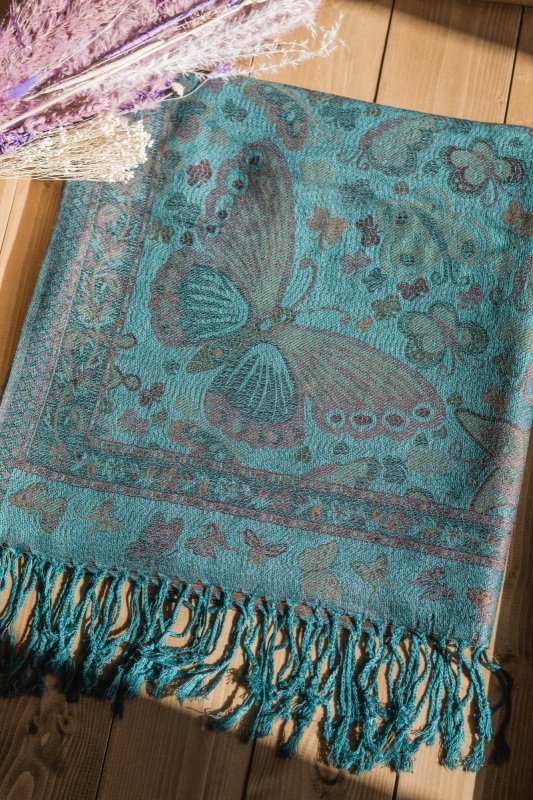 Turquoise Vintage Butterfly & Tassel Pashmina Scarf - Scarves & Snoods - British D'sire