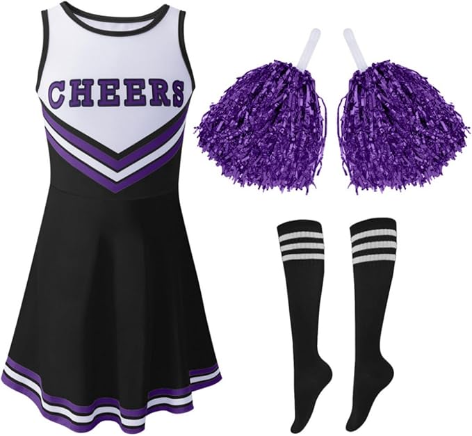 Valcatch Girls Cheerleading Uniform Outfit Halloween Cheerleader Clothes Sets with Pom pom and Tube Socks for 3 - 12Y - Uniform Sets - British D'sire