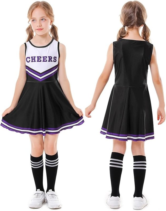 Valcatch Girls Cheerleading Uniform Outfit Halloween Cheerleader Clothes Sets with Pom pom and Tube Socks for 3 - 12Y - Uniform Sets - British D'sire