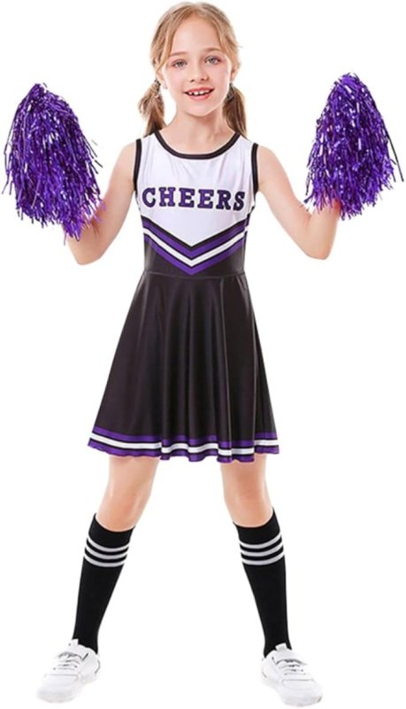 Valcatch Girls Cheerleading Uniform Outfit Halloween Cheerleader Clothes Sets with Pom pom and Tube Socks for 3 - 12Y - Uniform Sets - British D'sire