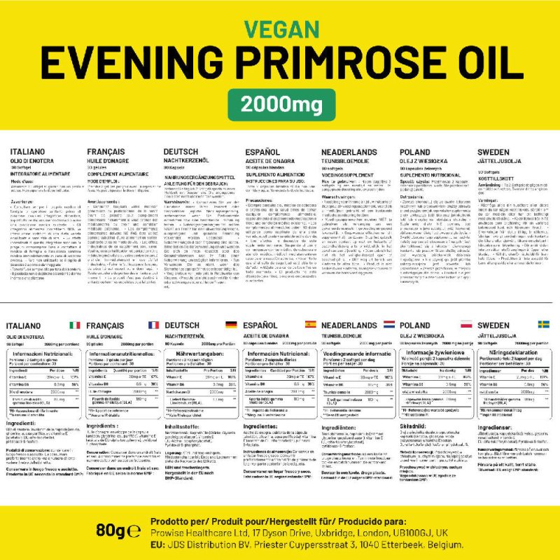 Vegan Evening Primrose Oil 2000mg with Vitamin E & B6 – 60 Vegan Softgels| Pure Cold Pressed I 180mg GLA per Capsule I Women's Health I Premium Quality I by Prowise Healthcare - Vitamins & Supplements - British D'sire