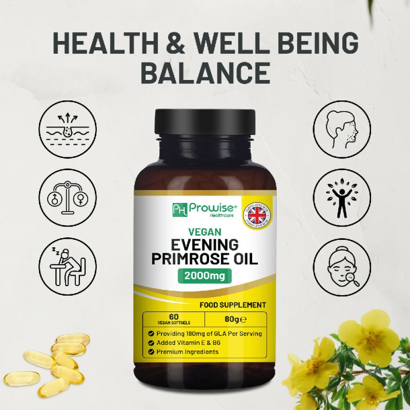 Vegan Evening Primrose Oil 2000mg with Vitamin E & B6 – 60 Vegan Softgels| Pure Cold Pressed I 180mg GLA per Capsule I Women's Health I Premium Quality I by Prowise Healthcare - Vitamins & Supplements - British D'sire