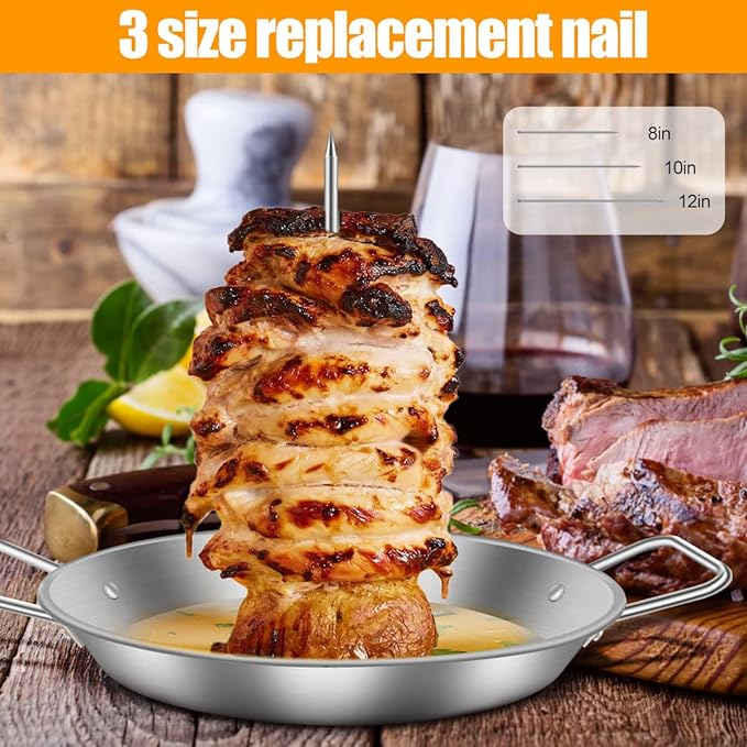 Vertical Meat Skewer, Stainless Steel BBQ Vertical Skewer Grill with 3 Replacement Spikes,Brazilian Barbecue Grilling Rack Meat Spit with Drip Tray for Whole Chicken Fish Sausage Steak - British D'sire