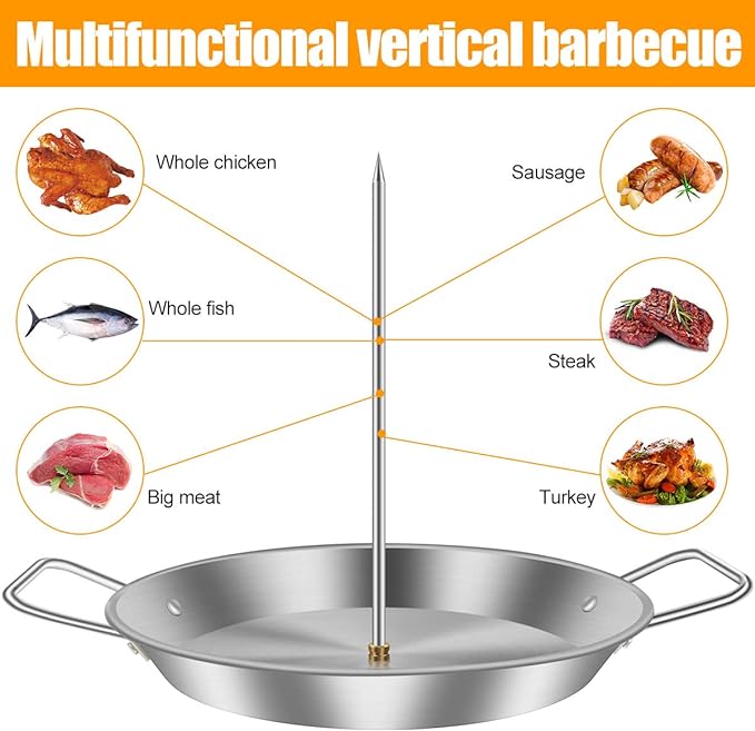 Vertical Meat Skewer, Stainless Steel BBQ Vertical Skewer Grill with 3 Replacement Spikes,Brazilian Barbecue Grilling Rack Meat Spit with Drip Tray for Whole Chicken Fish Sausage Steak - British D'sire