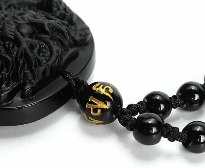 Viaan Dragon Necklace Natural Obsidian Chain Lucky Amulet Blessing Beads Protection Pendant Hand Carved Men Black Spiritual Jewelry Decorations Gift - Charms & Pendants - British D'sire