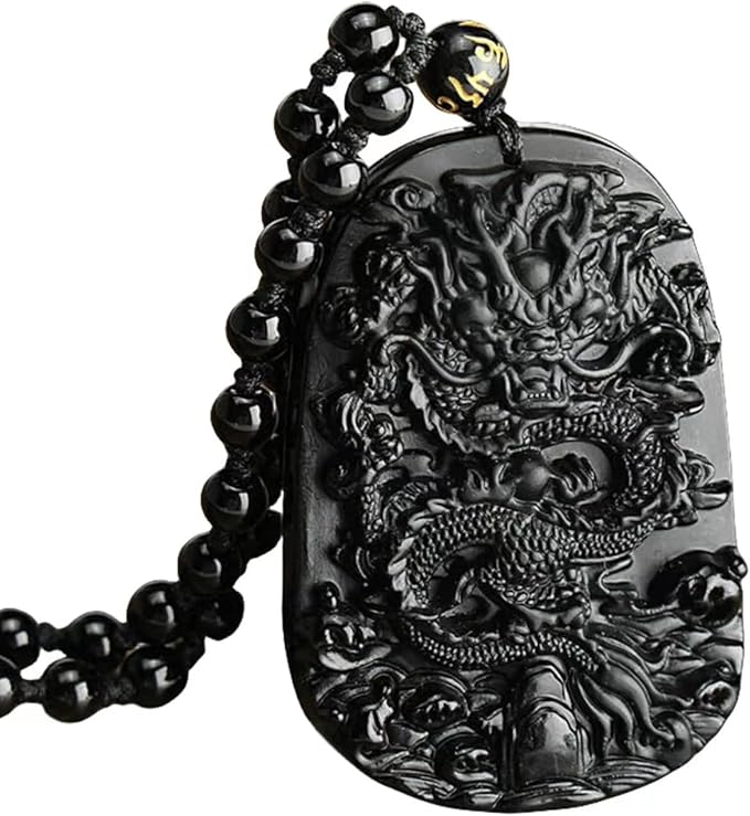 Viaan Dragon Necklace Natural Obsidian Chain Lucky Amulet Blessing Beads Protection Pendant Hand Carved Men Black Spiritual Jewelry Decorations Gift - Charms & Pendants - British D'sire