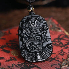 Viaan Dragon Necklace Natural Obsidian Chain Lucky Amulet Blessing Beads Protection Pendant Hand Carved Men Black Spiritual Jewelry Decorations Gift - Charms & Pendants - British D'sire