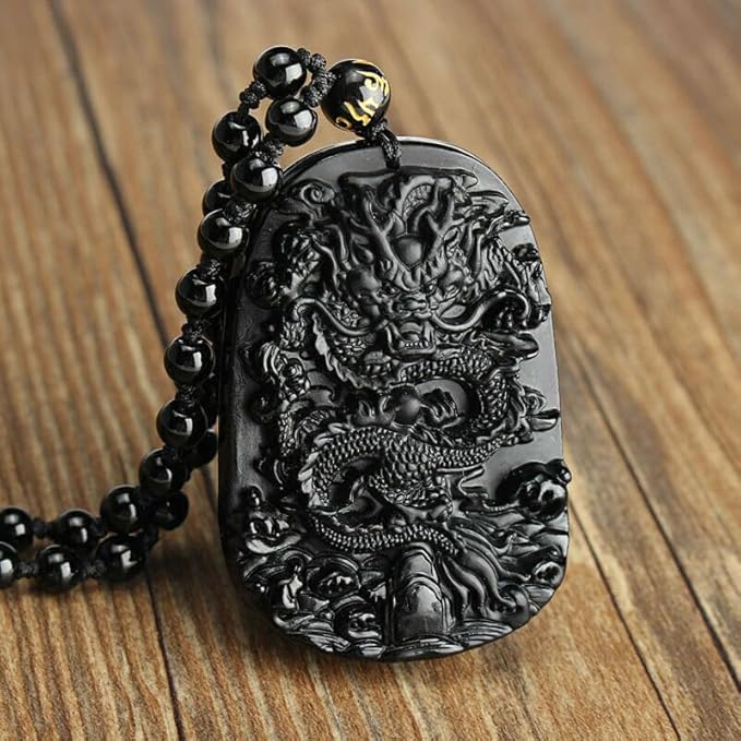 Viaan Dragon Necklace Natural Obsidian Chain Lucky Amulet Blessing Beads Protection Pendant Hand Carved Men Black Spiritual Jewelry Decorations Gift - Charms & Pendants - British D'sire