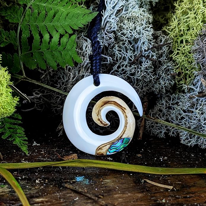 Viaan Hand Carved Koru Real Bone Pendant with Genuine Abalone Shell | Black Cord Hawaii Necklace | Maori Style Jewellery | Round Spiral Swirl Surfer Necklace for Men | Natural Accessories - Necklaces & Pendants - British D'sire