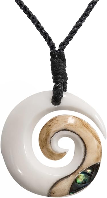 Viaan Hand Carved Koru Real Bone Pendant with Genuine Abalone Shell | Black Cord Hawaii Necklace | Maori Style Jewellery | Round Spiral Swirl Surfer Necklace for Men | Natural Accessories - Necklaces & Pendants - British D'sire