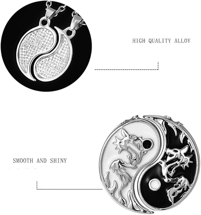 Viaan Set of 2 Yin Yang Pair Necklaces, Taichi BFF Chain, Friendship Chains, Ying Yang Pendant Chain, Dragon Carving Jewellery Chains for Best Friends, Lovers and Couple Gifts, Metal - Necklaces & Pendants - British D'sire