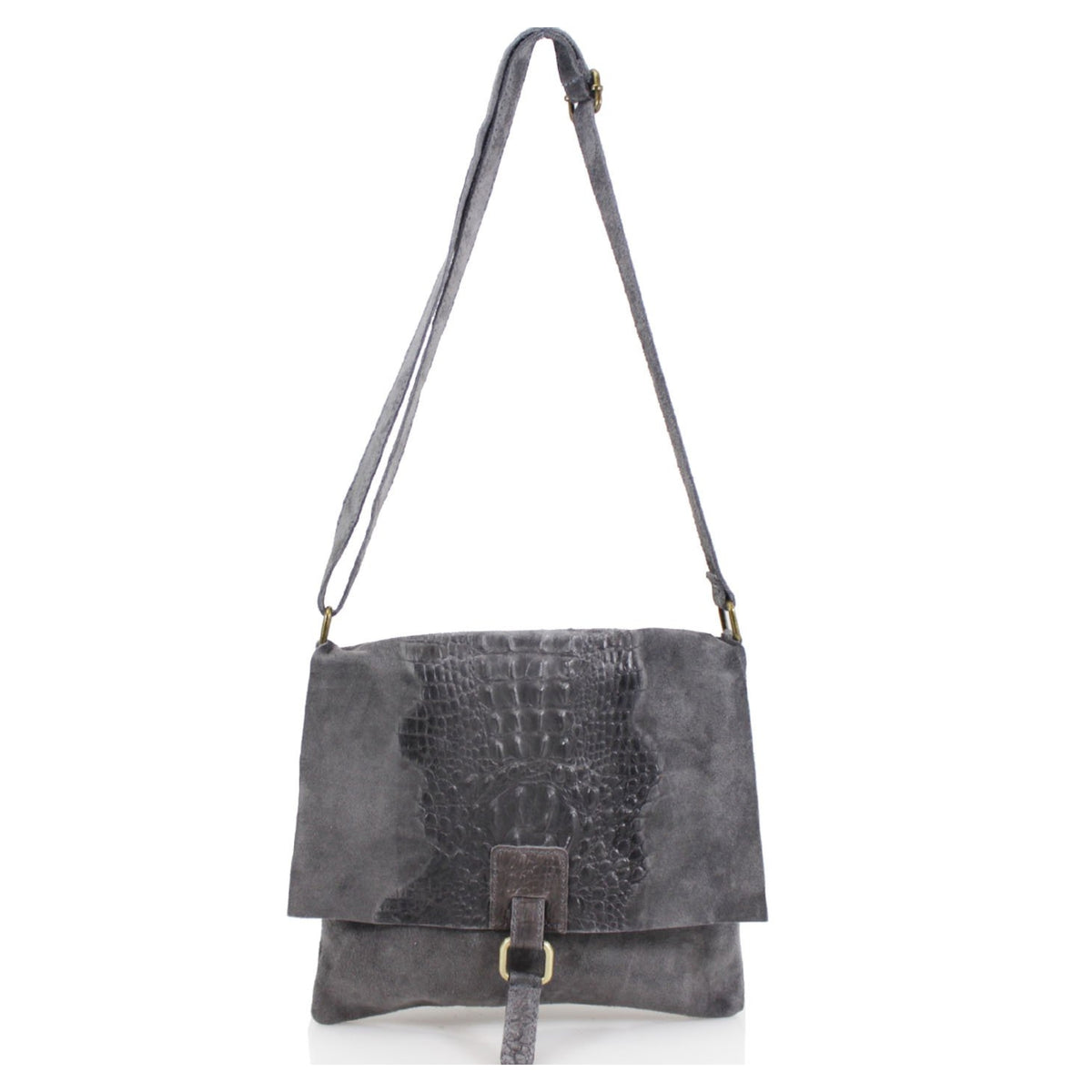 Italian Designer Suede Leather Snakeskin Cross Body Bag - Swolit Trisola - Dark Grey