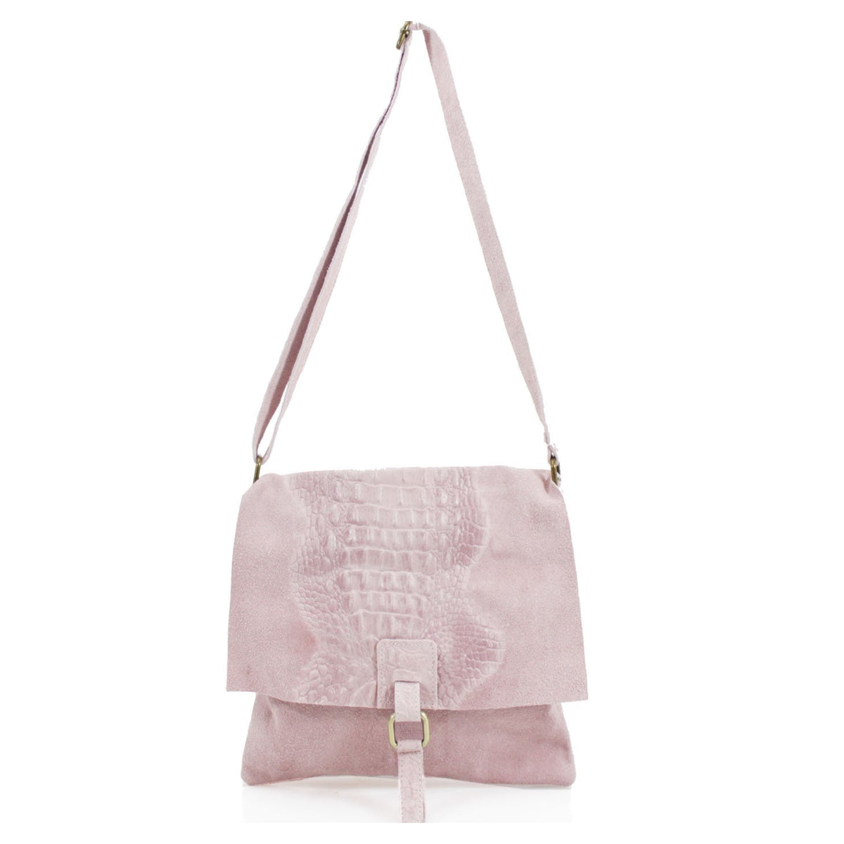 Italian Designer Suede Leather Snakeskin Cross Body Bag - Swolit Trisola - Nude/Pink