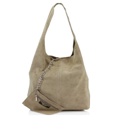 Italian Designer Soft Suede Leather Shoulder Bag-Swolit Bellissima - Pale Taupe