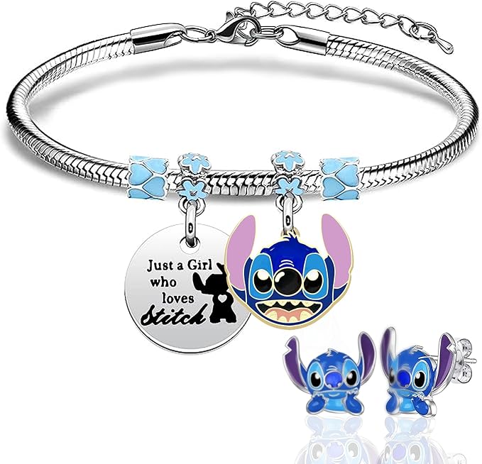 WANTNI Stitch Bracelet and Stitch Earrings Jewellery for Girls Silver Pendant Adjustable Bracelet Stitch Gifts for Daughter Sisters Friends Birthday Christmas - Kids Jewellery - British D'sire