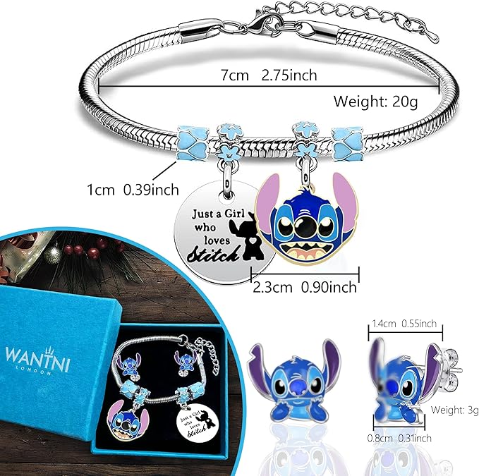 WANTNI Stitch Bracelet and Stitch Earrings Jewellery for Girls Silver Pendant Adjustable Bracelet Stitch Gifts for Daughter Sisters Friends Birthday Christmas - Kids Jewellery - British D'sire