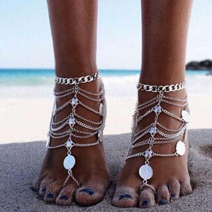 Wendalern Boho Layered Coin Anklets Vintage Coin Toe Ring Ankle Bracelets Silver Tassel Anklet Gypsy Beach Barefoot Sandals Anklet Foot Chain Jewelry for Women and Girls (1 Pcs) - Women's Anklets - British D'sire