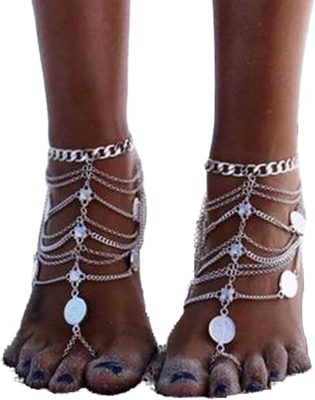 Wendalern Boho Layered Coin Anklets Vintage Coin Toe Ring Ankle Bracelets Silver Tassel Anklet Gypsy Beach Barefoot Sandals Anklet Foot Chain Jewelry for Women and Girls (1 Pcs) - Women's Anklets - British D'sire