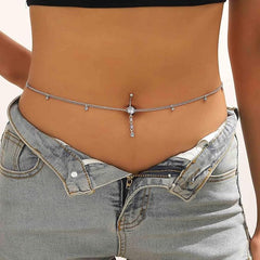 Wendalern Silver Rhinestone Body Chain Sexy Belly Button Ring with Waist Chain Shiny Crystal Navel Ring Dangling Belly Chain Beach Bikini Body Chain CZ Body Piercing Jewelry for Women Girls - Body Jewellery - British D'sire