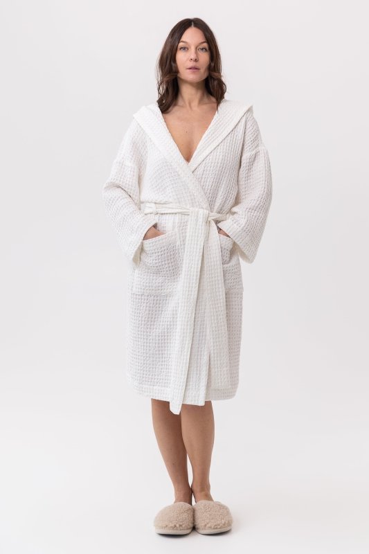 White linen waffle robe with hoodie - Robes with hoodie - British D'sire