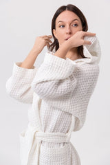 White linen waffle robe with hoodie - Robes with hoodie - British D'sire