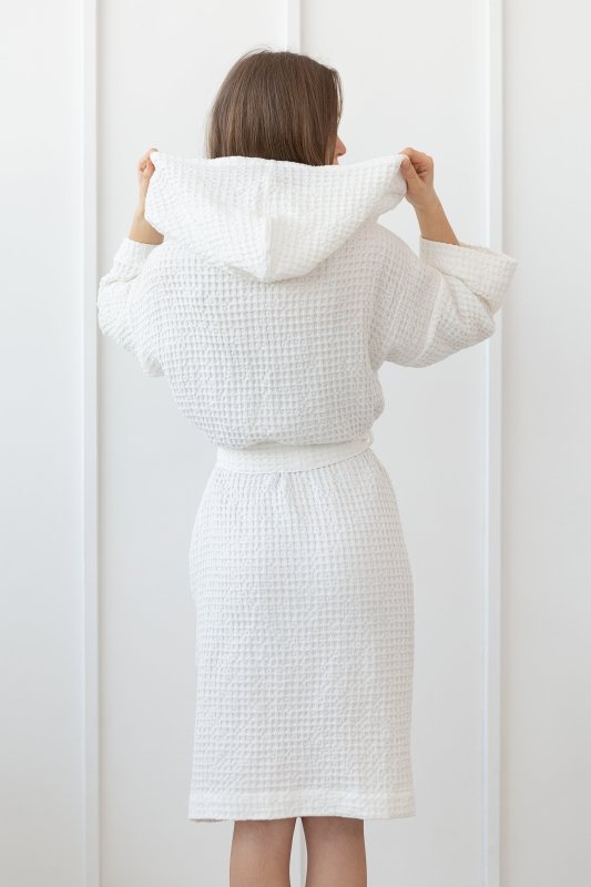 White linen waffle robe with hoodie - Robes with hoodie - British D'sire