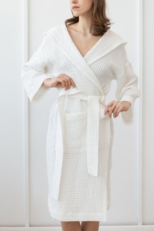 White linen waffle robe with hoodie - Robes with hoodie - British D'sire