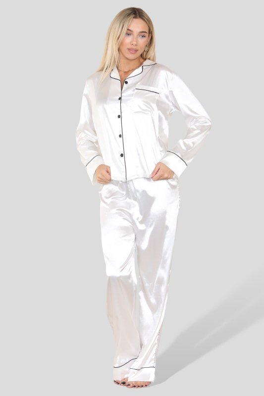 White Satin Pj Set - Loungewear - British D'sire