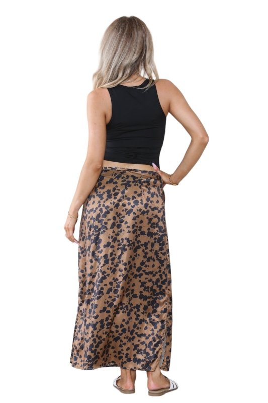 Women’s Brown & Red High Waist Maxi Draped Skirt Summer Long Flared A - Line Slit Wrap Midi Stretch Leopard Animal Print Elegant Summer Streetwear Beach Vacation Outfit - Skirt - British D'sire