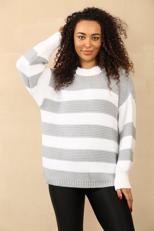 Women's Crew Round Neck Striped Oversized Sweater - Baggy Knitted Jumpers with Long Sleeves - Jumper - British D'sire