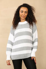 Women's Crew Round Neck Striped Oversized Sweater - Baggy Knitted Jumpers with Long Sleeves - Jumper - British D'sire