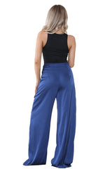 Women's Dark Navy Blue High Waist Casual Wide Flare Leg Loose Fit Palazzo Cargo Side Pockets Pants Work Office Summer Baggy Trousers - Trouser - British D'sire