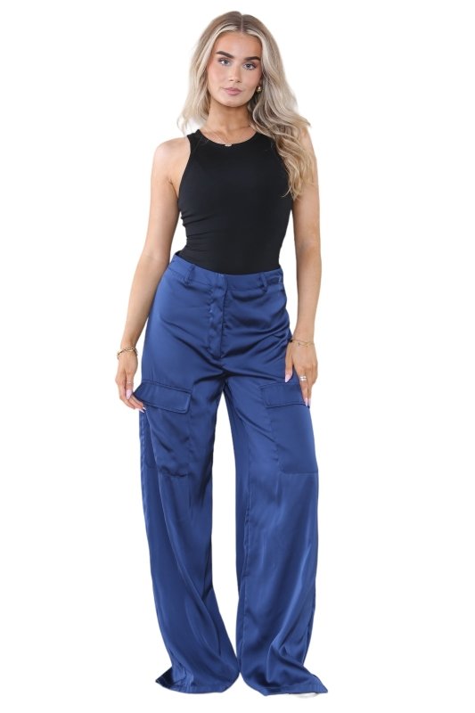 Women's Dark Navy Blue High Waist Casual Wide Flare Leg Loose Fit Palazzo Cargo Side Pockets Pants Work Office Summer Baggy Trousers - Trouser - British D'sire