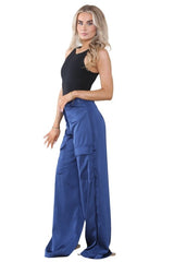 Women's Dark Navy Blue High Waist Casual Wide Flare Leg Loose Fit Palazzo Cargo Side Pockets Pants Work Office Summer Baggy Trousers - Trouser - British D'sire