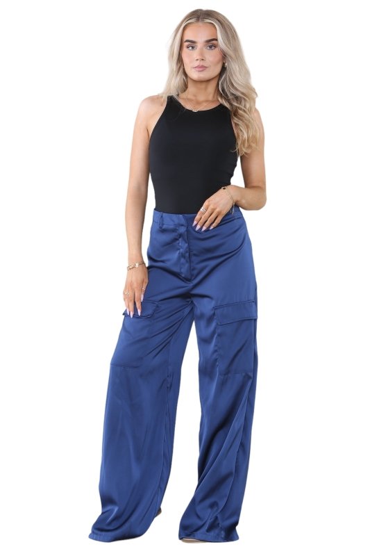 Women's Dark Navy Blue High Waist Casual Wide Flare Leg Loose Fit Palazzo Cargo Side Pockets Pants Work Office Summer Baggy Trousers - Trouser - British D'sire