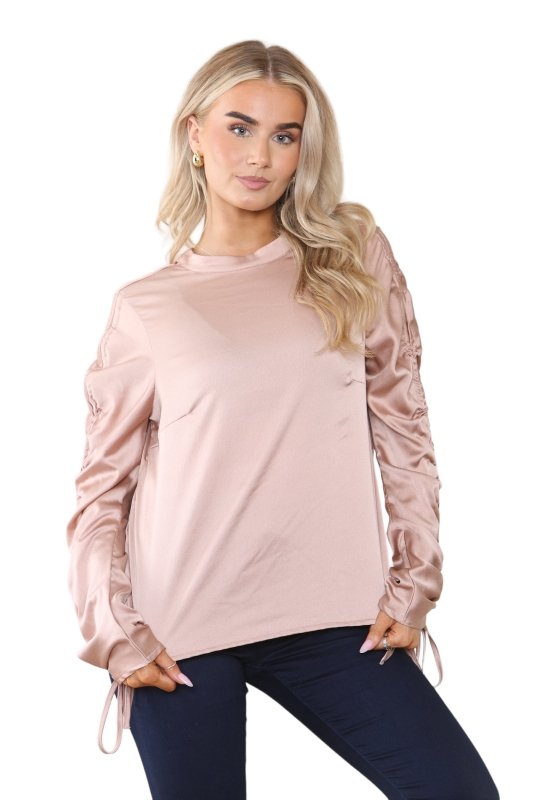 Women's Dusty Rose Gold Long Ruched Drawstring Sleeve Crew Round Neck Top Elegant Vintage Fashion Tunic Office Work Party Club Summer Loose Shirt Blouse - Top - British D'sire