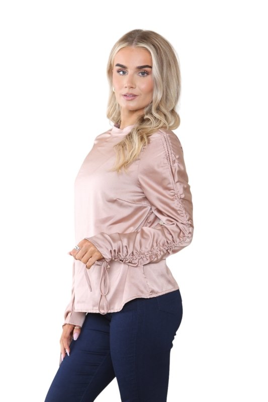 Women's Dusty Rose Gold Long Ruched Drawstring Sleeve Crew Round Neck Top Elegant Vintage Fashion Tunic Office Work Party Club Summer Loose Shirt Blouse - Top - British D'sire