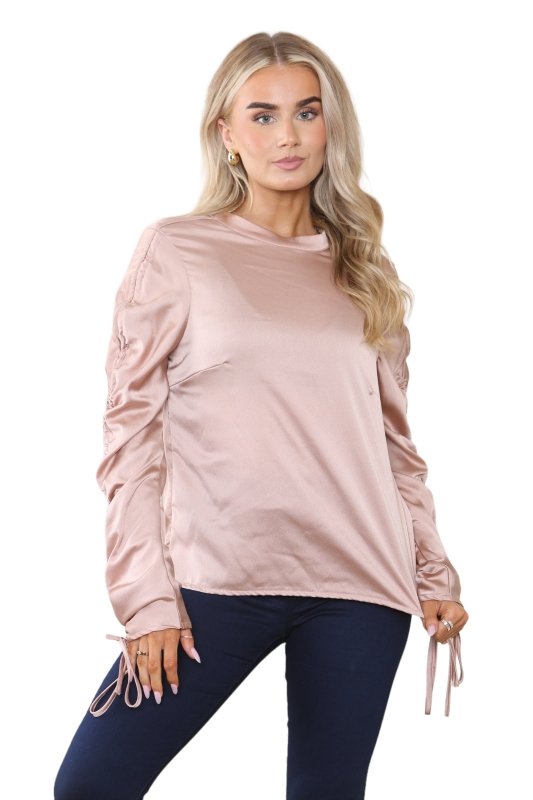 Women's Dusty Rose Gold Long Ruched Drawstring Sleeve Crew Round Neck Top Elegant Vintage Fashion Tunic Office Work Party Club Summer Loose Shirt Blouse - Top - British D'sire