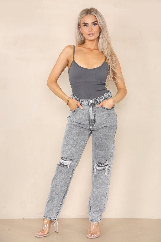 Women's High Waisted Knee Ripped Frayed Straight Leg Jeans, Mom Casual Roll - Up Denim Pants for Streetwear Home Office Work Party Bottom - Jeans - British D'sire