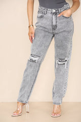 Women's High Waisted Knee Ripped Frayed Straight Leg Jeans, Mom Casual Roll - Up Denim Pants for Streetwear Home Office Work Party Bottom - Jeans - British D'sire